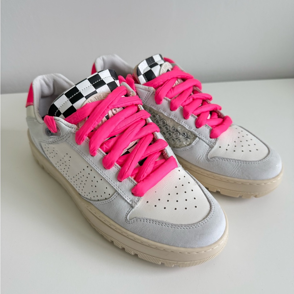 P448 Surf Later White Sneakers with Hot Pink Laces and Checkerboard Tongue 39